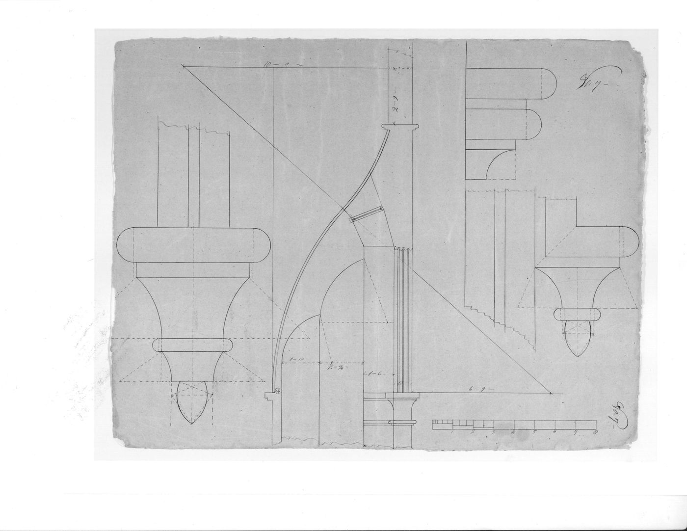 Section for side chapel vaults [?] and elevations for decorative drop details for Notre-Dame de Montréal