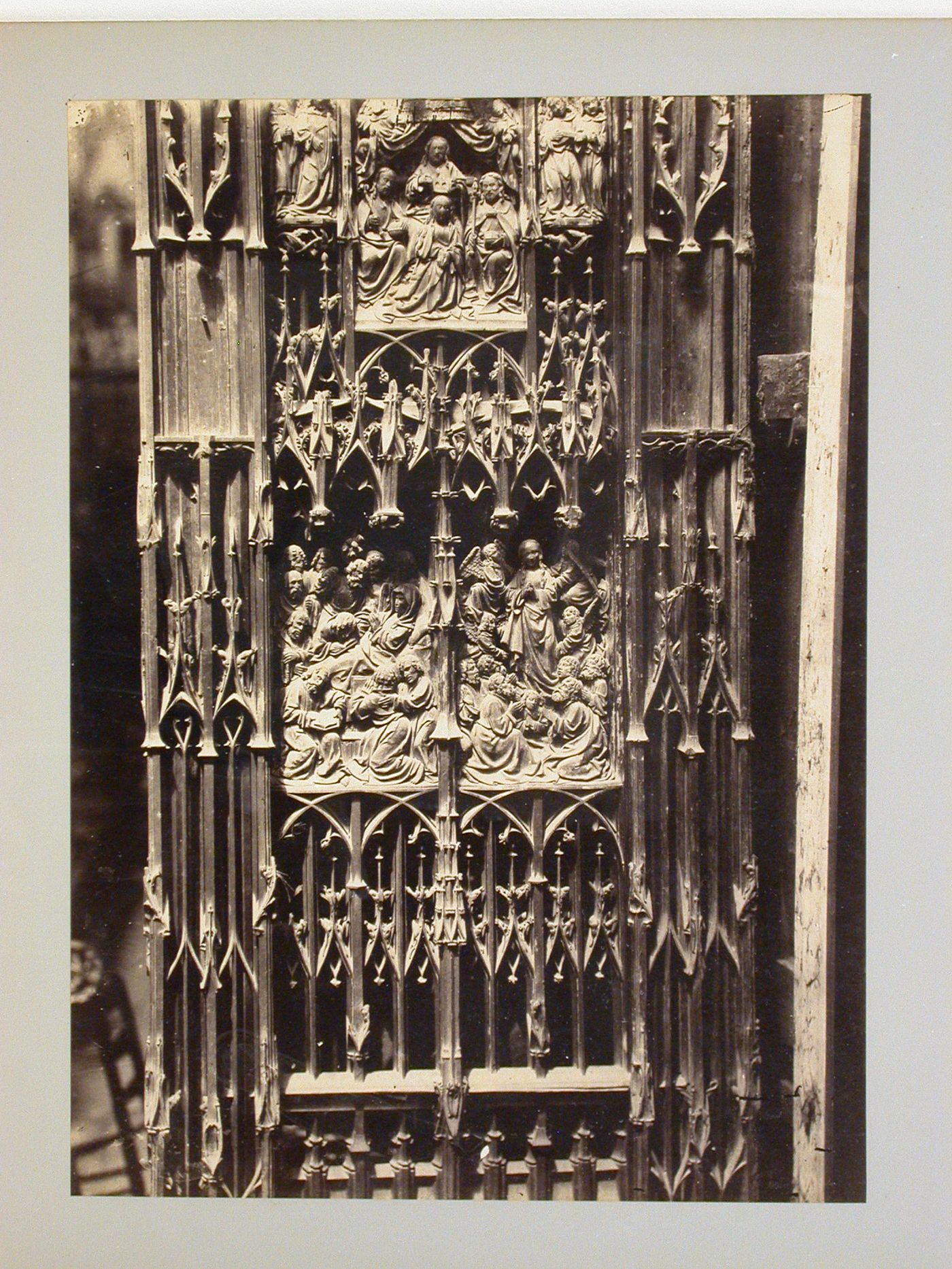 Amiens Cathedral, close-up of wooden carvings at end of choir, Amiens, France