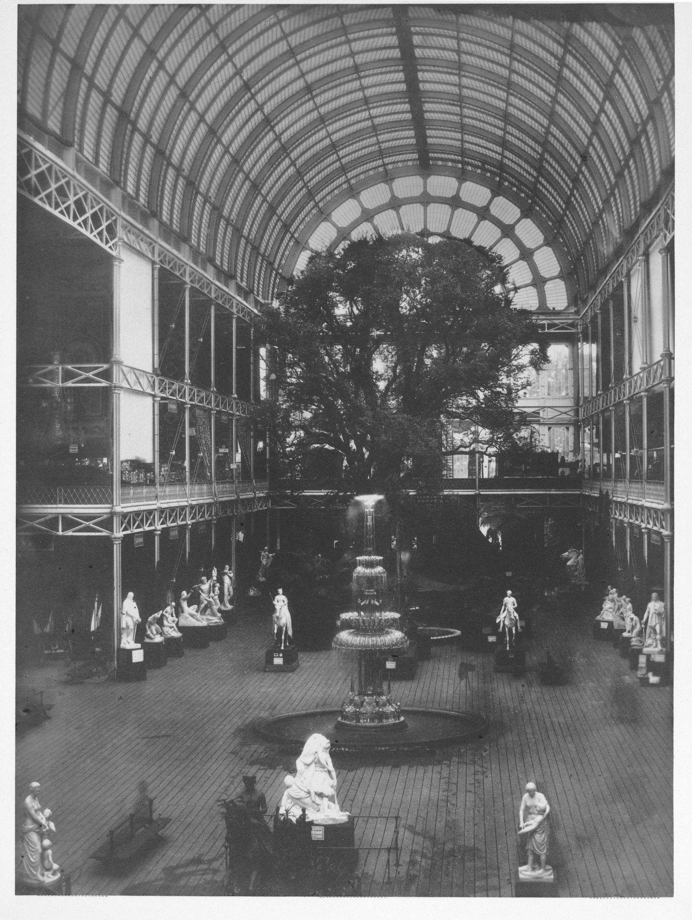 Crystal Palace, Nave and North transept, with sculpture, fountain, tree on floor, London, England
