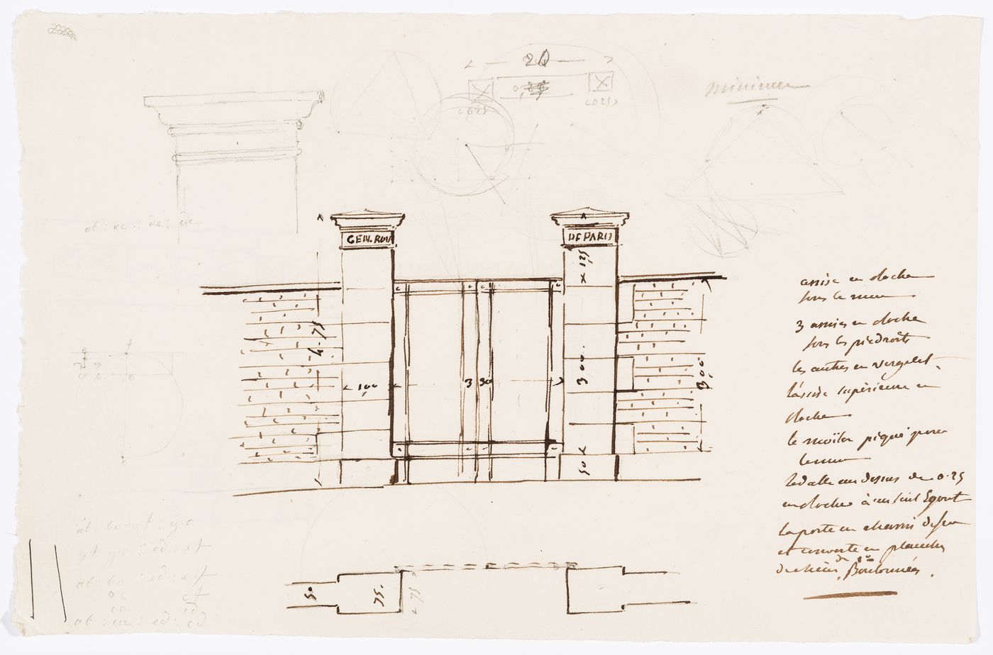 Project for alterations to the Caserne des Minimes, rue des Minimes: Elevation and plan for an entrance gateway; verso: Project for alterations to the Caserne des Minimes, rue des Minimes: Sketch sections for an entrance gateway