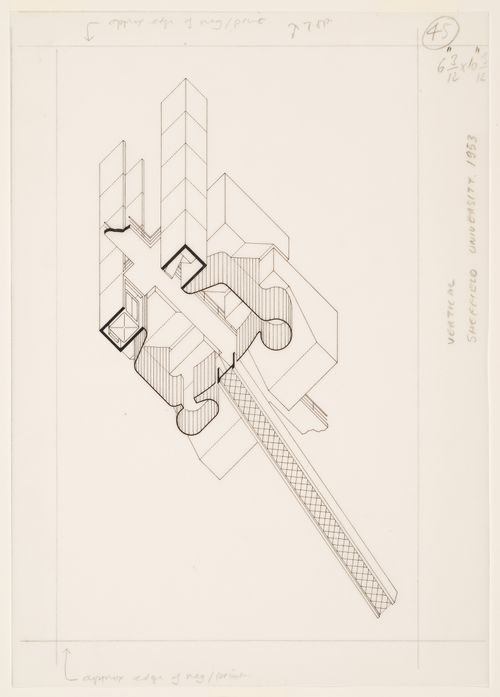Worm's eye axonometric for the main entrance foyer of the arts and administration building, Sheffield University, Sheffield, England