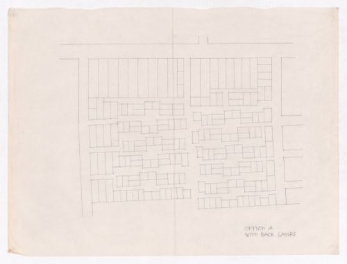 Sketch showing plots layout development for Minimum Cost Housing Group's plot in Aranya township, India, for Aranya Housing Project