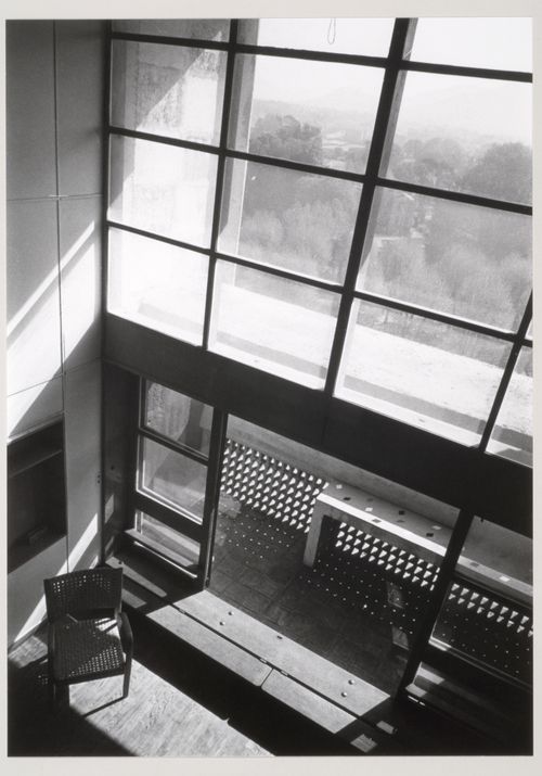 Interior view of an apartment sitting room, loggia, and brise-soleil showing a chair, Unité d'habitation, Marseille, France