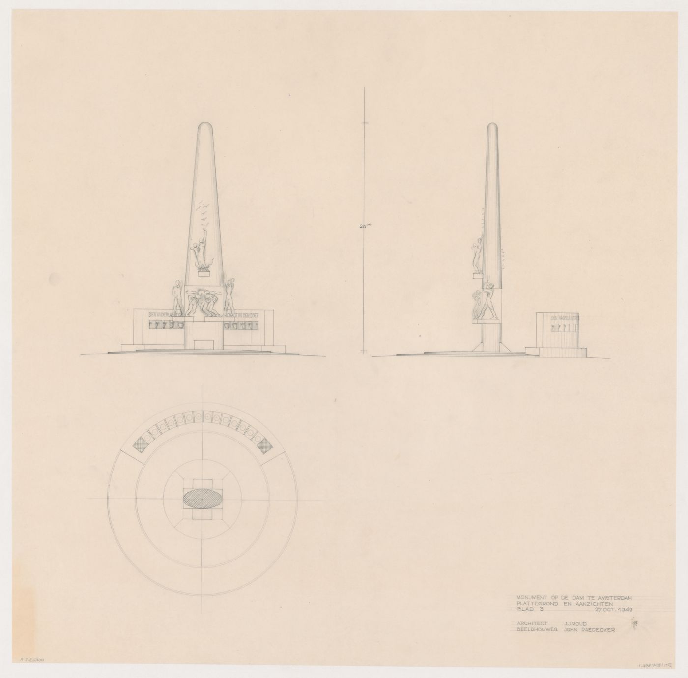 Elevations and plan for the National Monument showing sculptures by Johannes Anton Rädecker and Johan Rädecker, Dam Square, Amsterdam, Netherlands