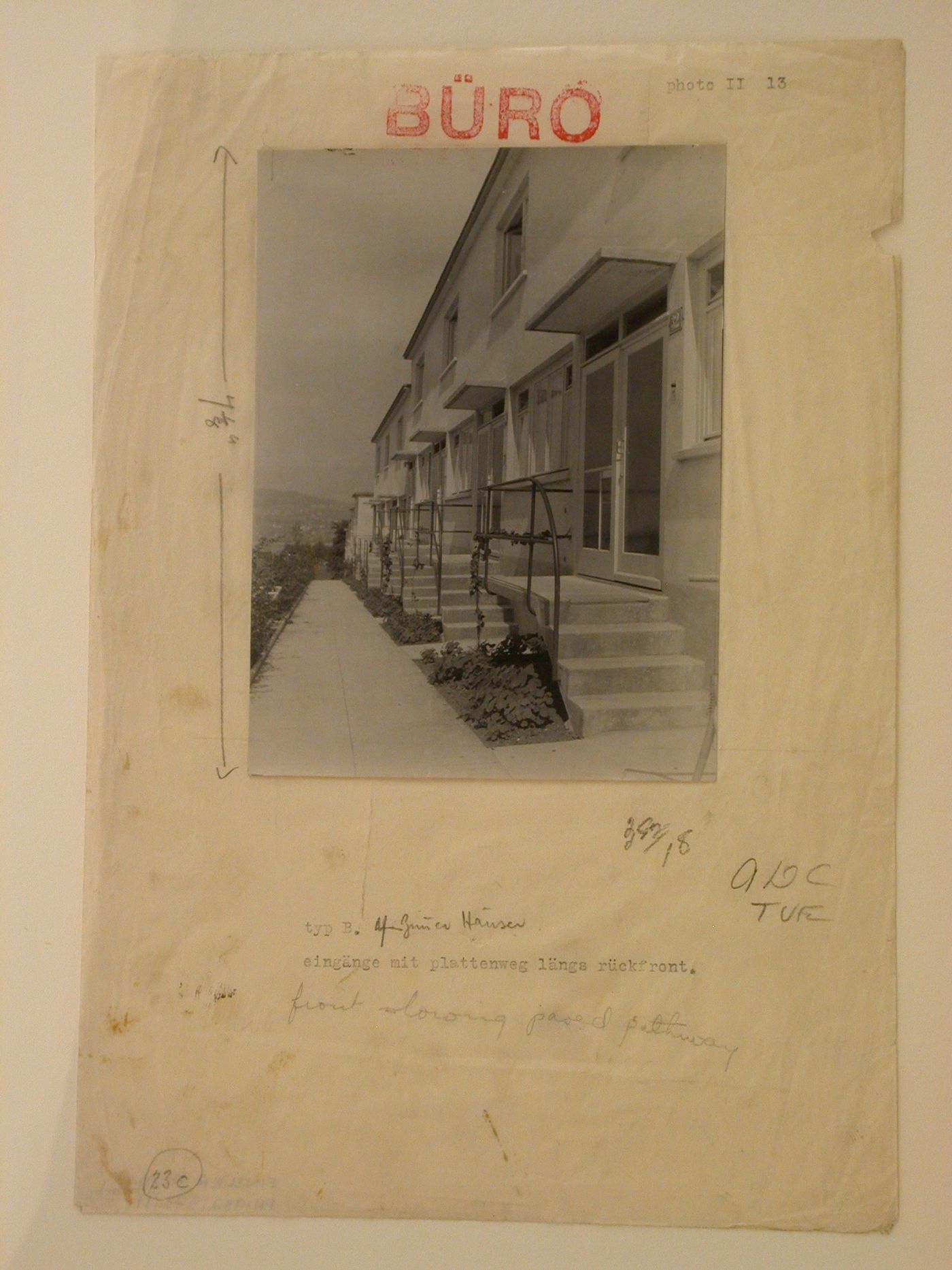 View of the north façade of Type B row houses showing entrances and path, Werkbundsiedlung Neubühl, Zurich, Switzerland