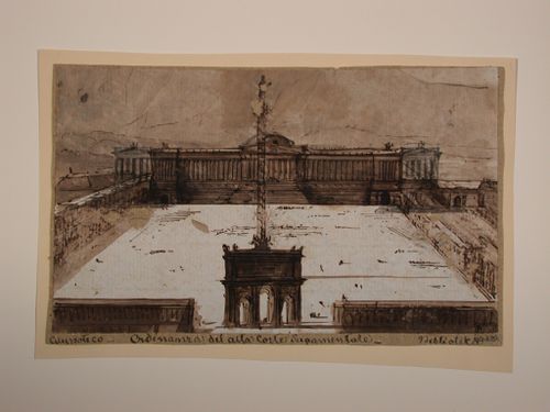 Visionary design for a square with a triumphal arch and a column, with a large domed building behind