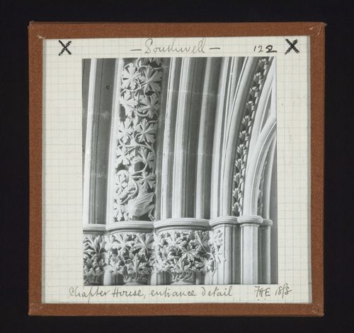 Detail view of capitals and archivolt of entrance of Chapter House, Southwell Minster, Southwell, Nottinghamshire, England