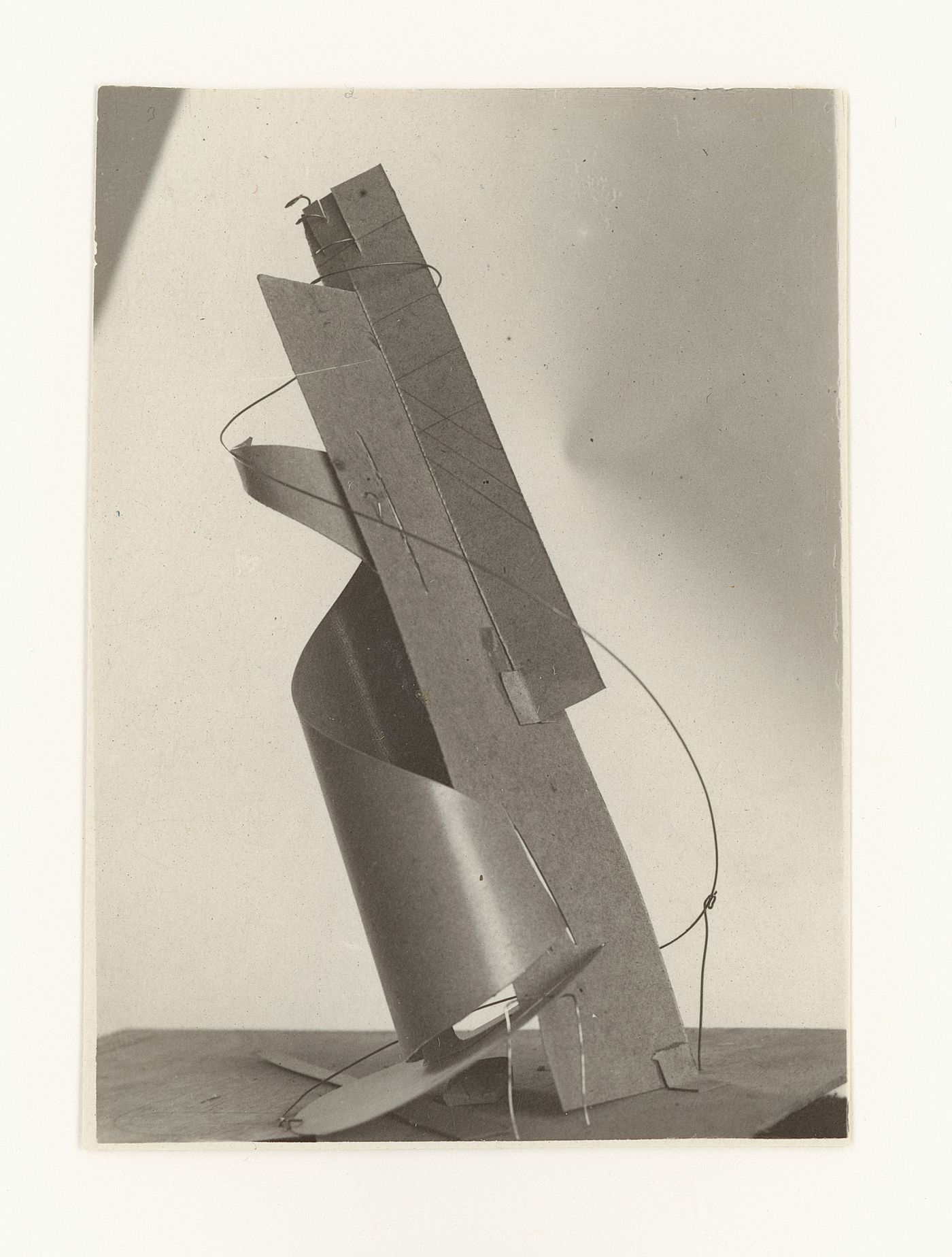 Photograph of a student model on the topic "Finding a Voluminous Form (Cylinder) with Inclusion of Additional Elements in Space" for the "Space" course at the Vkhutemas (Higher State Artistic Technical Studios), Moscow