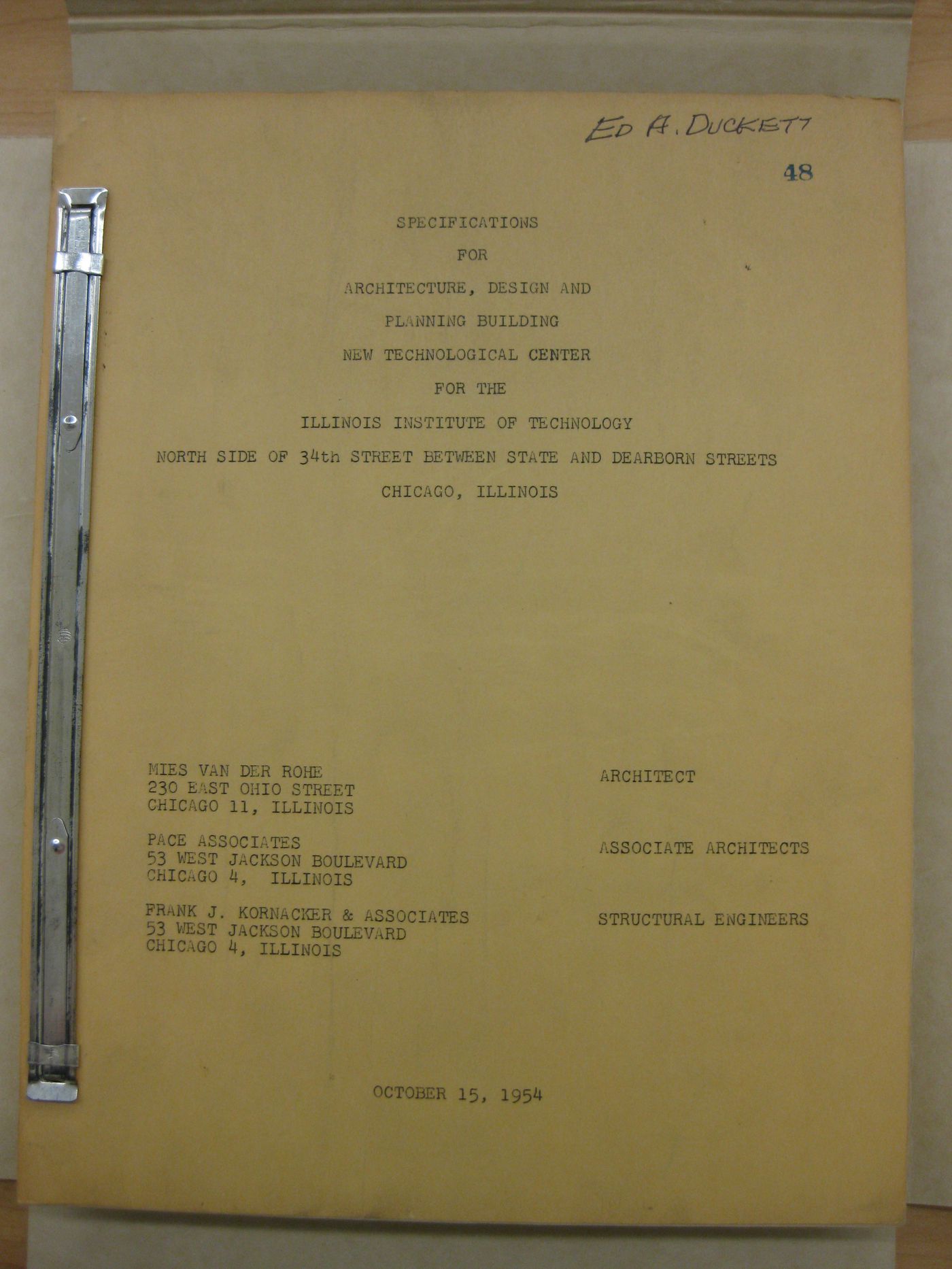 Illinois Institute of Technology, Chicago: Specifications for architectural design and planning building new technological center