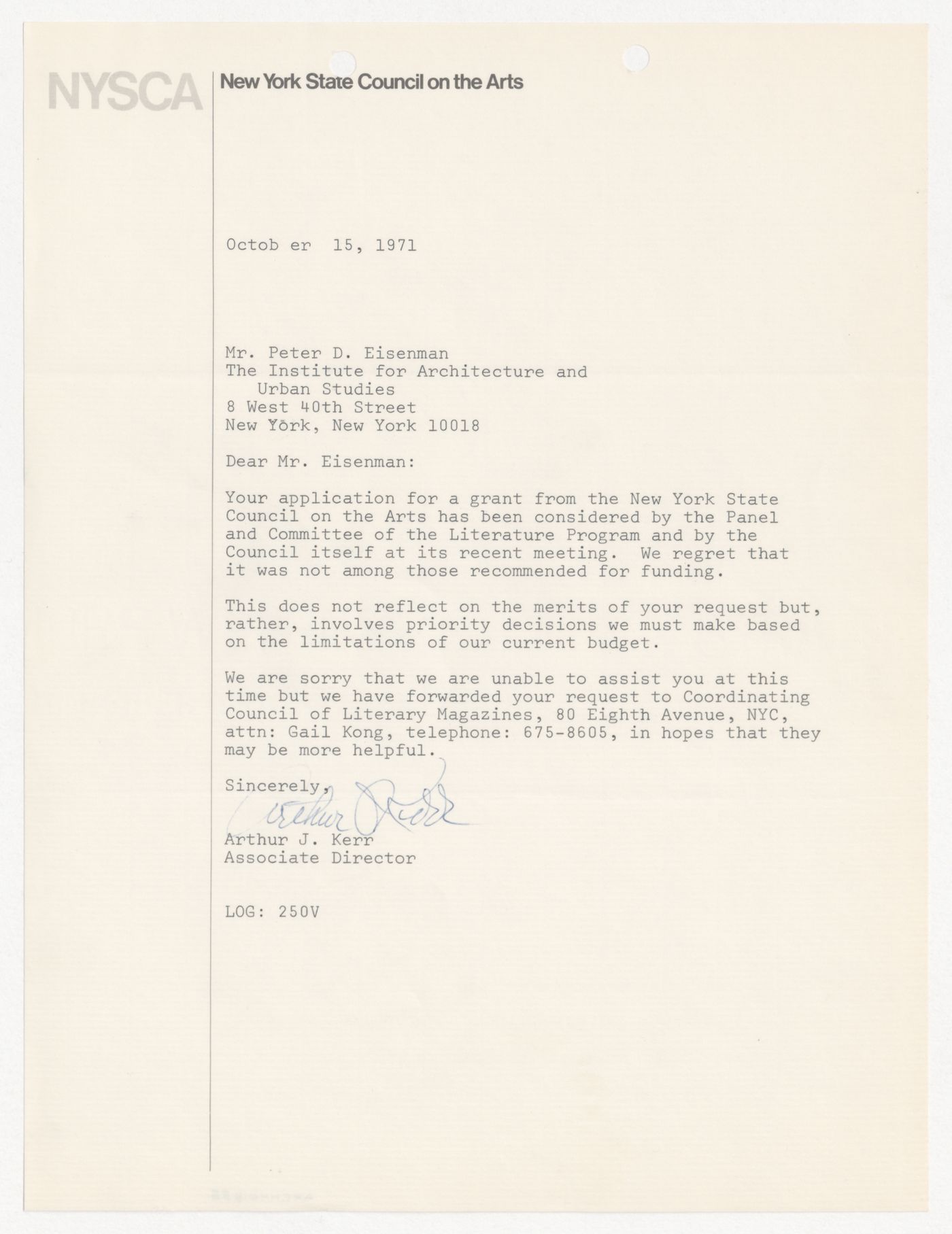 Letter from Arthur J. Kerr to Peter D. Eisenman about a grant from the New York State Council on the Arts (NYSCA)