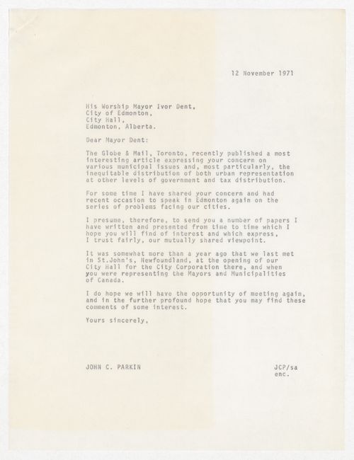 Letter from John C. Parkin to Edmonton Mayor Ivor Dent with attached newspaper clipping
