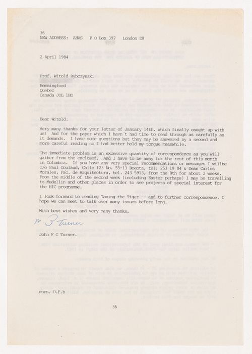 Letter from John F.C. Turner of AHAS to Witold Rybczynski, with accompanying documents