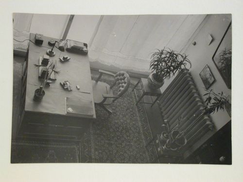 Interior view of Nikolai Milutin's apartment in the People's Commissariat for Finance (Narkomfin) Apartment Building from the upper level, 25 Novinskii Boulevard, Moscow