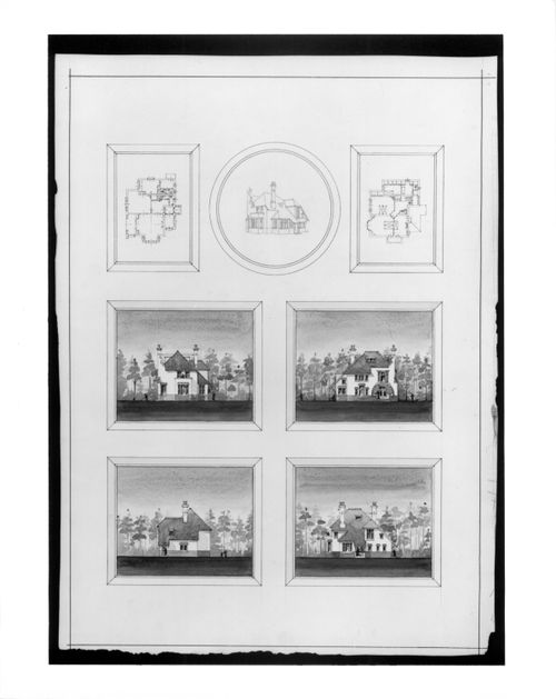 Perspective, ground and first floor plans and elevations for a house, Netherlands