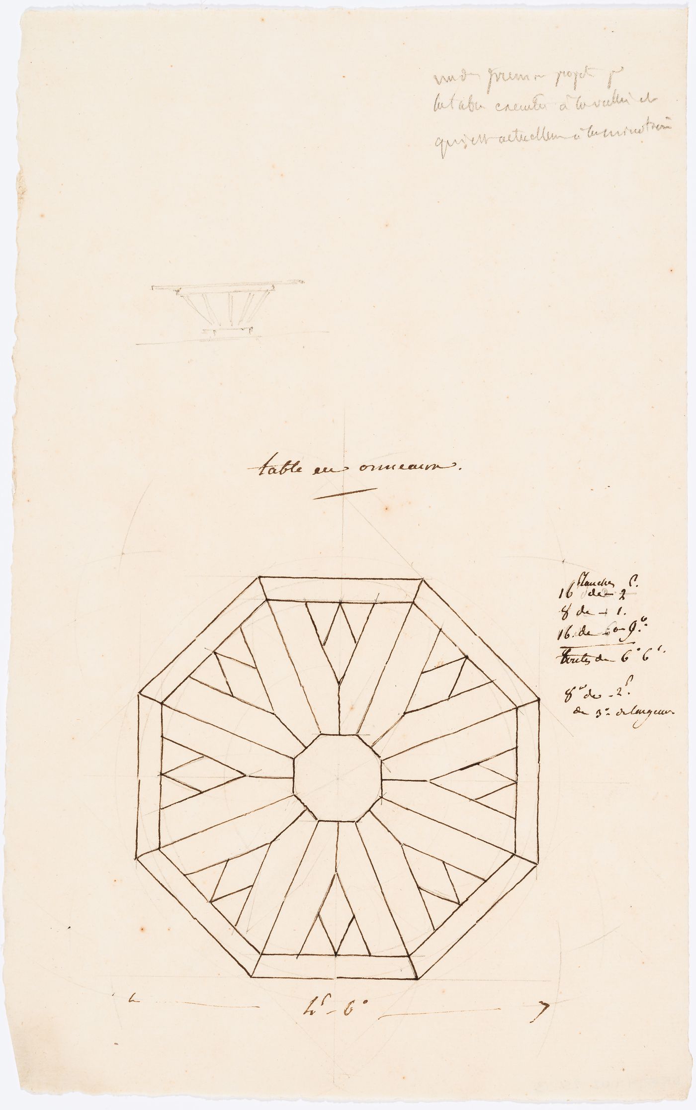 Plan and sketch elevation for an elm table