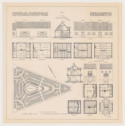 Site plan, floor, roof and framing plans, sections, and elevations for Oud-Mathenesse Housing Estate, Rotterdam, Netherlands