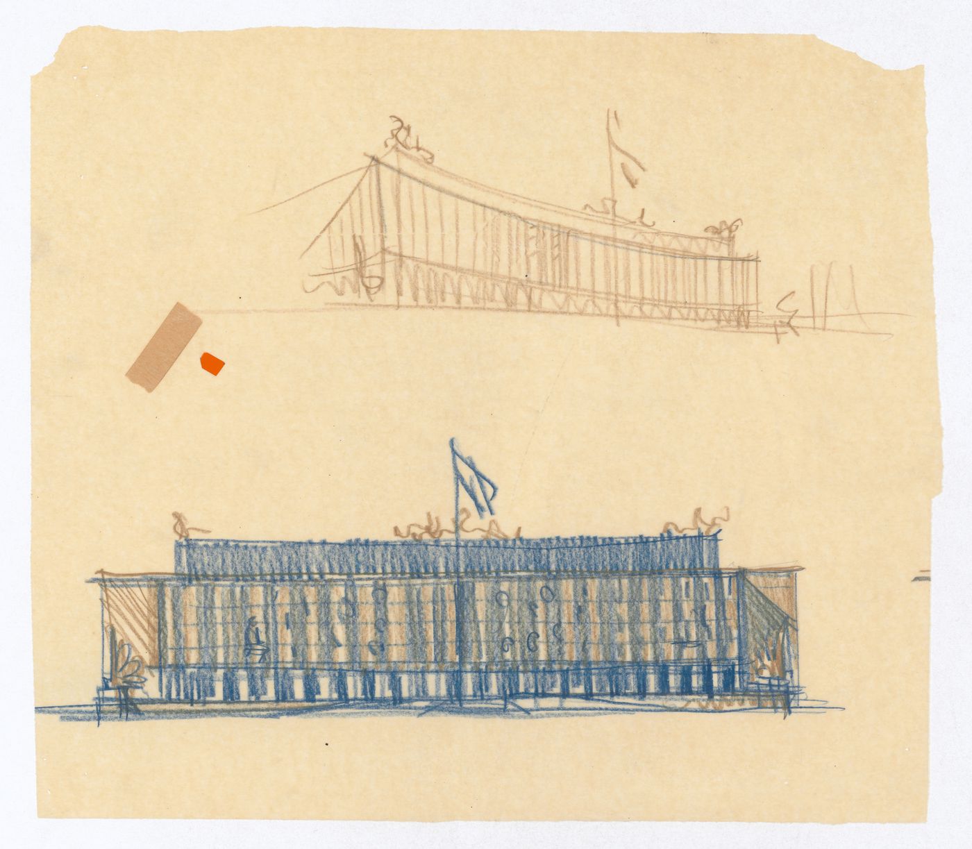 Sketched perspective and elevation, United States Chancellery Building, London, England