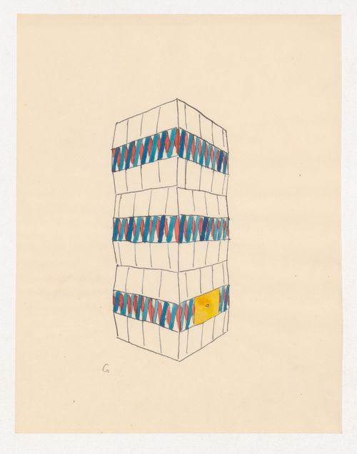 Perspective sketch for a tiled stove with faceted sides