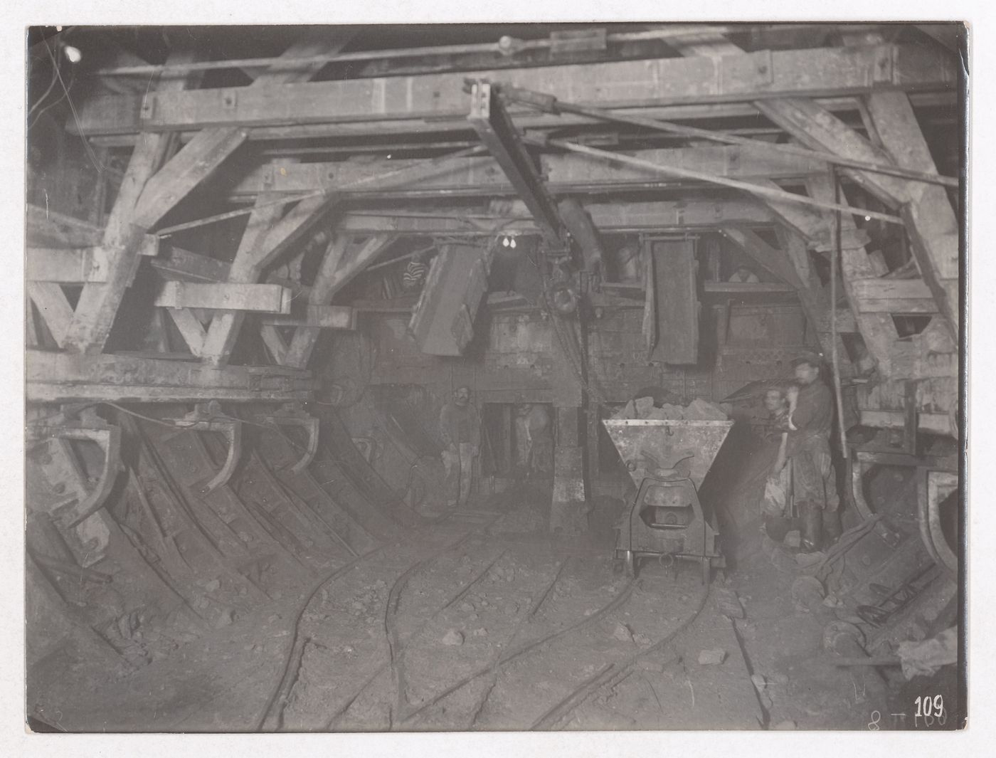 Construction of the Paris Metro, interior view of tunnels with workers, Paris, France