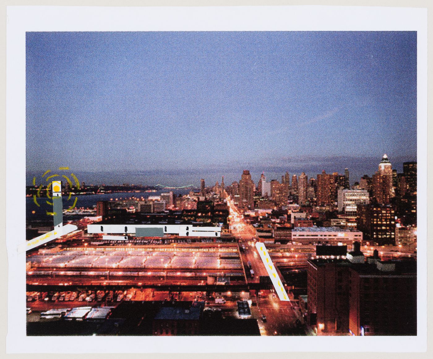 IFPRI (IFCCA Prize Competition, 1998-1999, Entry by Cedric Price): view of site with proposed structures (laser transmission tower, Hudson Sleeve, Javits Convention Center South Extension and City Sleeve)