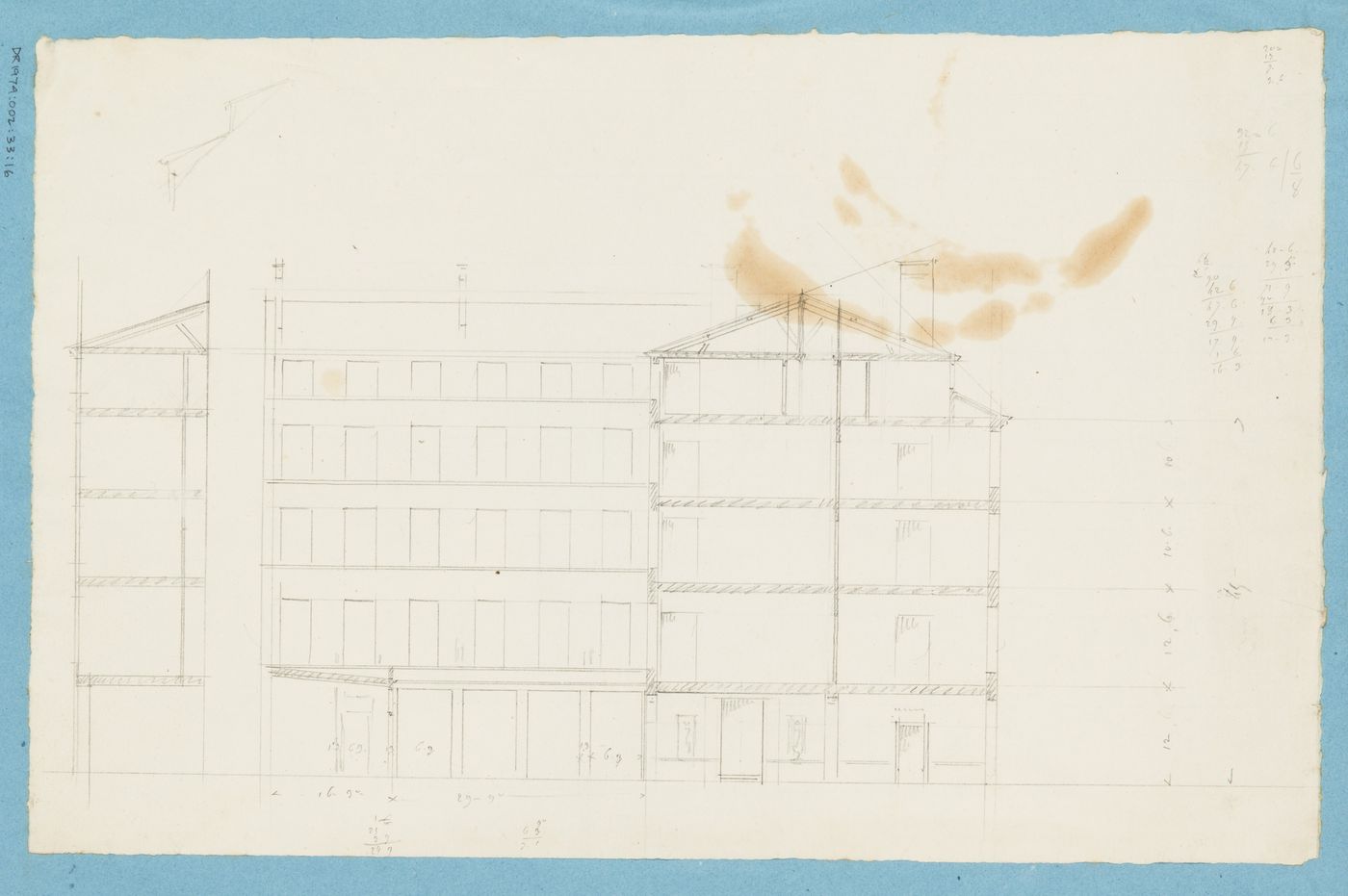 Project for a hôtel for M. Busche: Sectional elevation and partial section for a five-storey hôtel