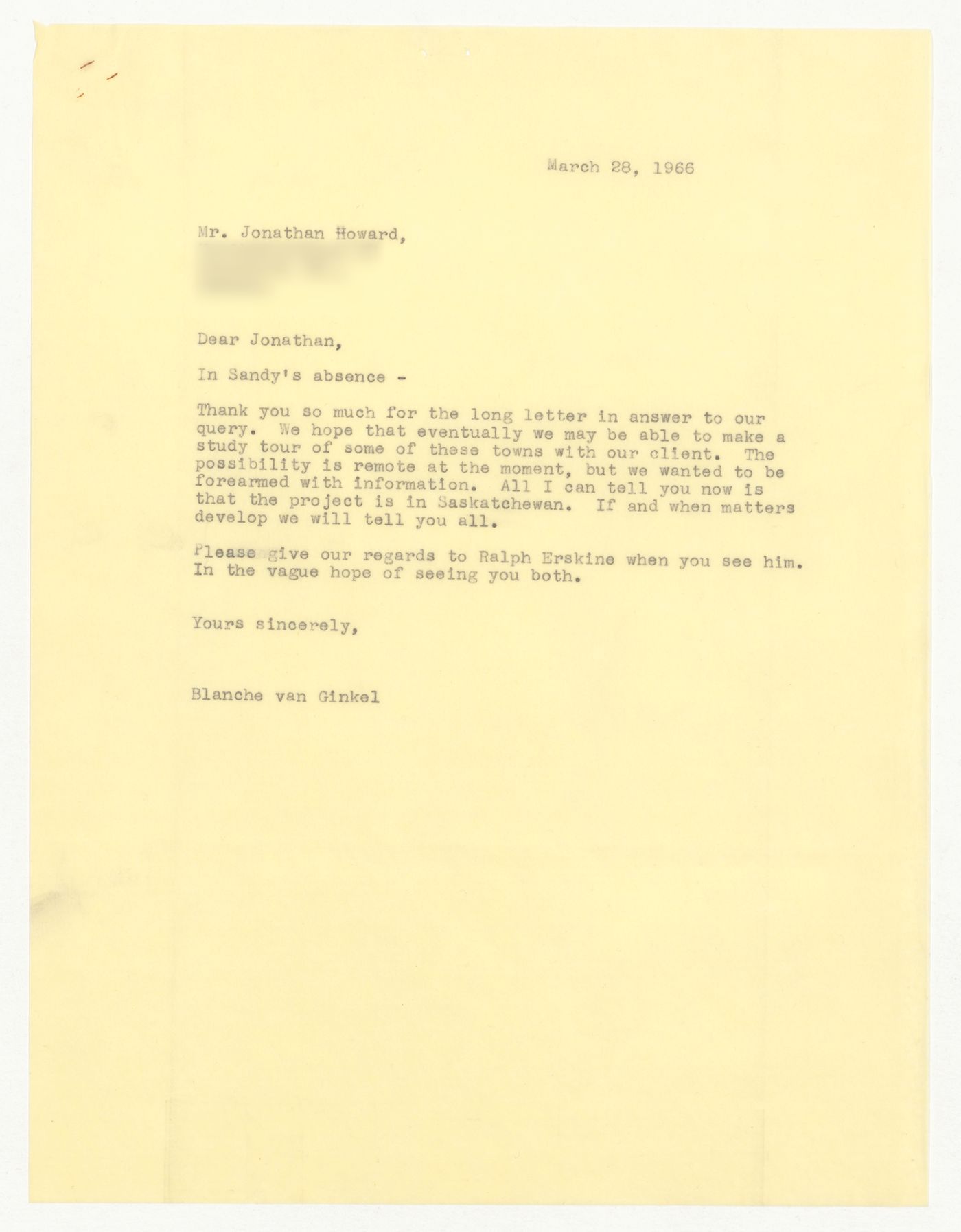 Letter from Blanche van Ginkel to Jonathan Howard about Esterhazy, Saskatchewan