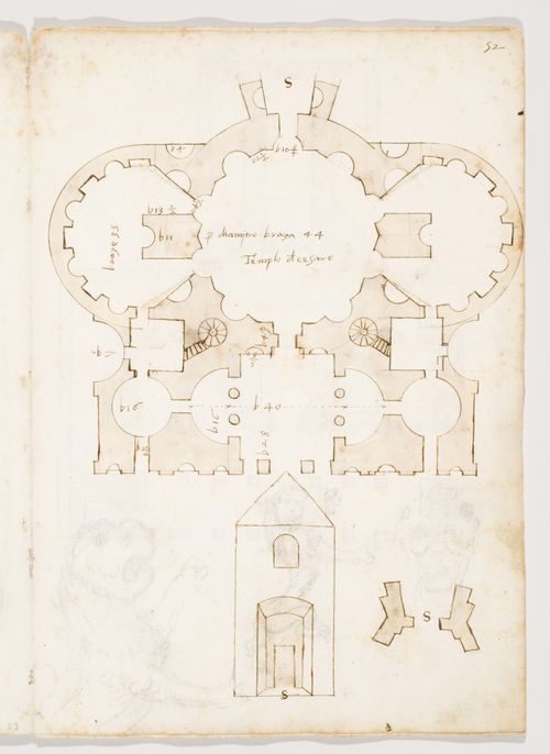 Plan of the nymphaeum of the Horti Liciniani (so-called Temple of Minerva Medica), Rome ; bottom centre: Perspectival elevation of the secondary entrance to the nymphaeum of the Horti Liciniani (so-called Temple of Minerva Medica), Rome ; lower right: Plan of the second storey window above the secondary entrance to the nymphaeum of the Horti Liciniani (so-called Temple of Minerva Medica), Rome