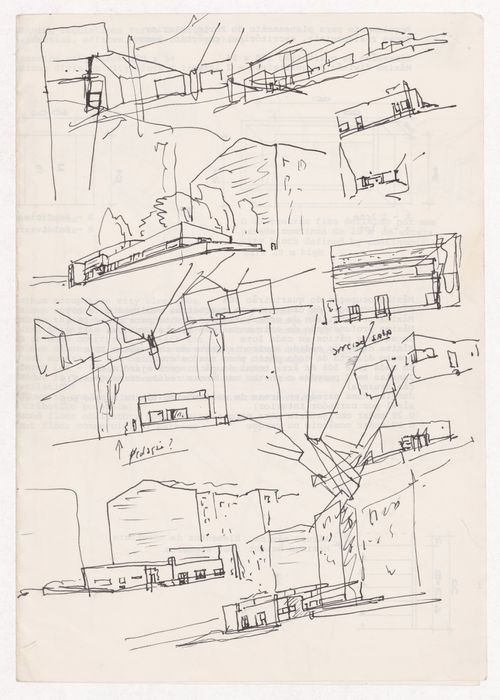 Sketch perspectives for Senior Club Anziani, Blocke 121, Berlin, Germany; verso: unrelated document