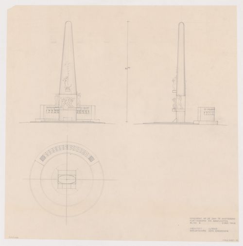 Elevations and plan for the National Monument showing sculptures by Johannes Anton Rädecker and Johan Rädecker, Dam Square, Amsterdam, Netherlands