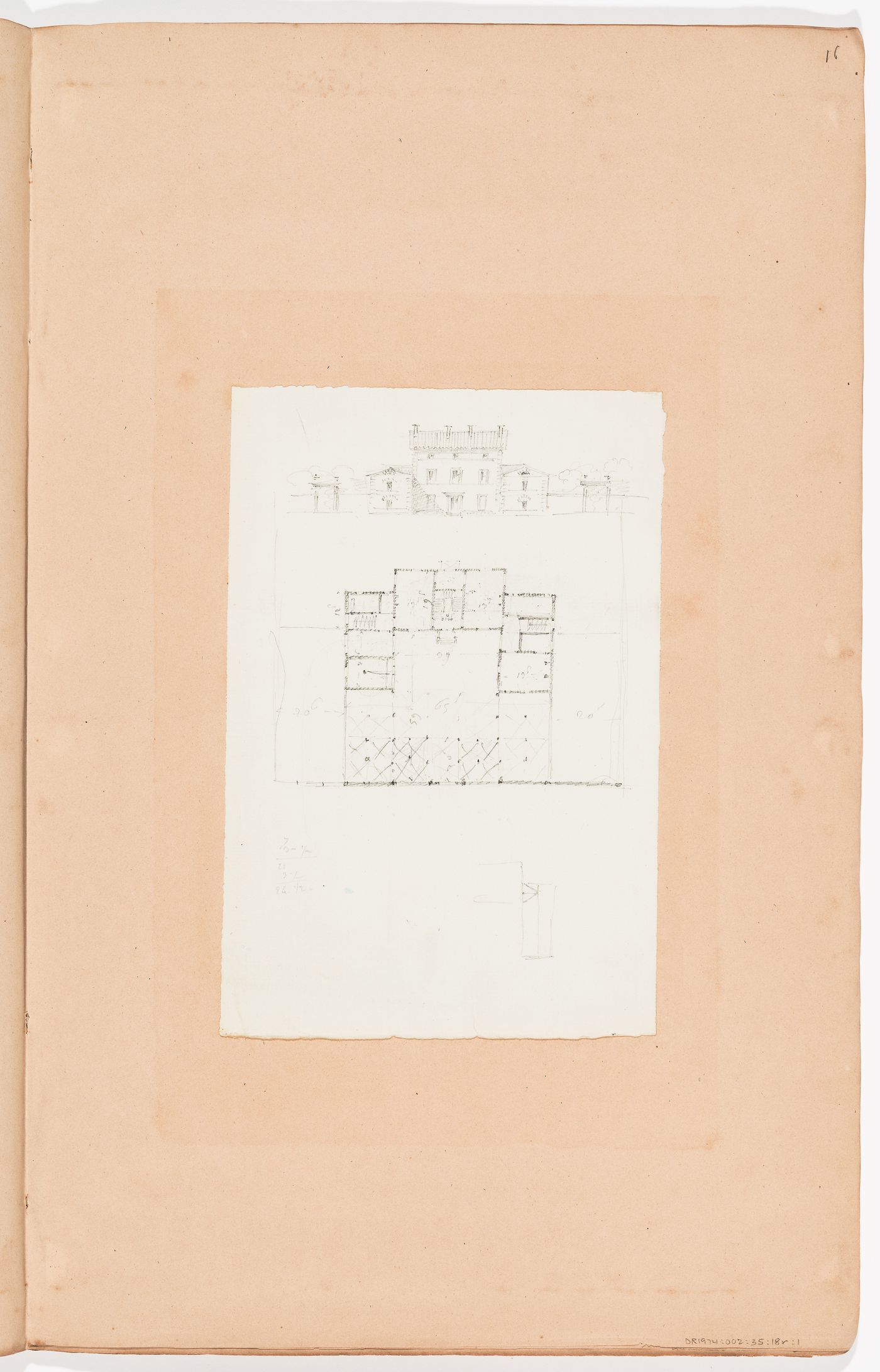 Sketch elevation and plan for a country house; verso: Sketch elevation and plans for country houses