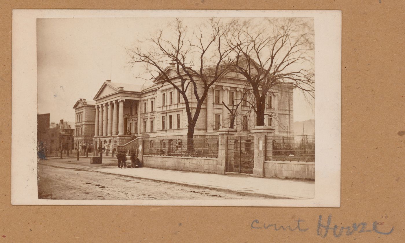 View of the principal and east façades of the Old Court House, 155 rue Notre-Dame Est, Montréal, Canada (now Montréal, Québec, Canada)