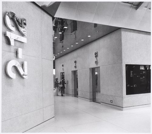 Interior view of the elevator bays of the 200 West Monroe Building, Chicago, Illinois, United States