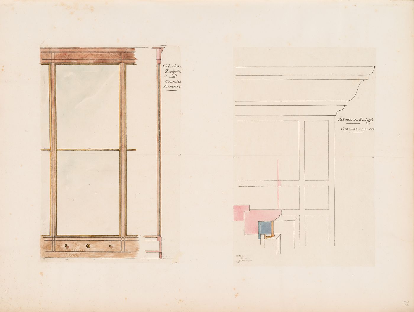 Project for a Galerie de zoologie, 1846: Partial section, plan and elevations for the large display cabinets
