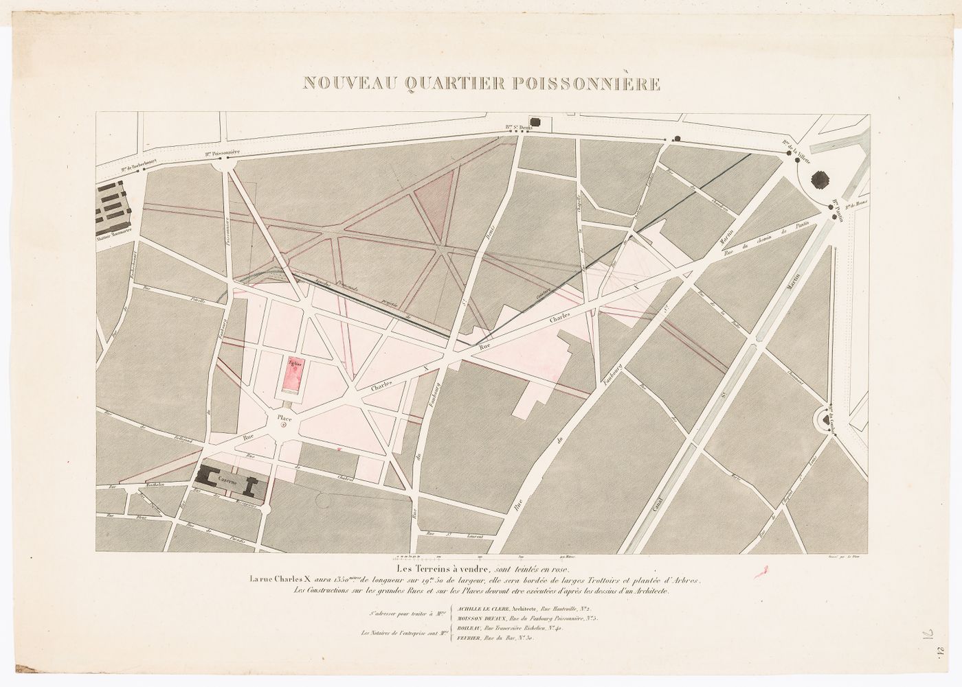 Site plan for the nouveau quartier Poissonnière showing the proposed rue Charles X