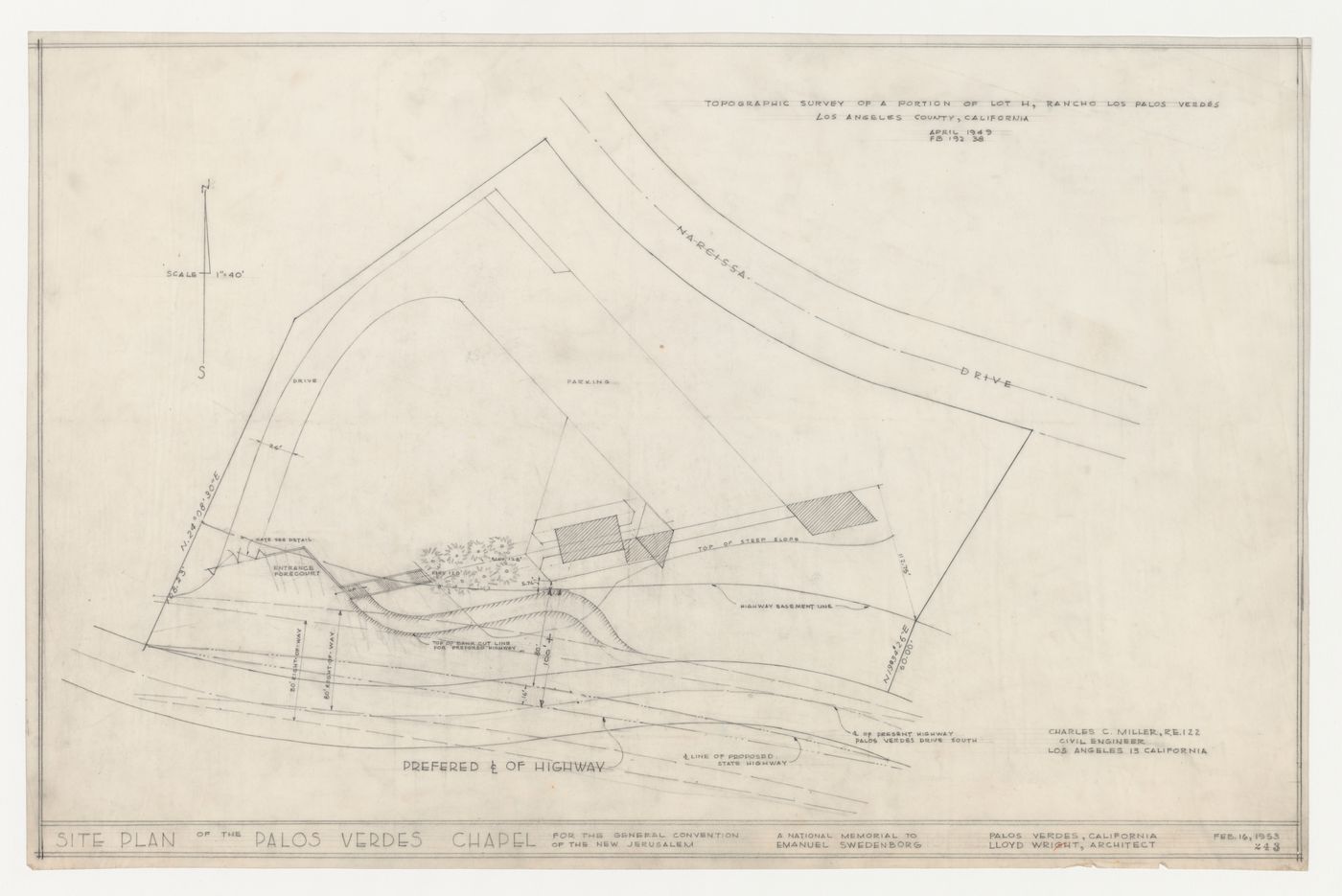 Wayfarers' Chapel, Palos Verdes, California: Topographic survey showing proposed and preferred locations for the development of Palos Verdes Drive South into a highway