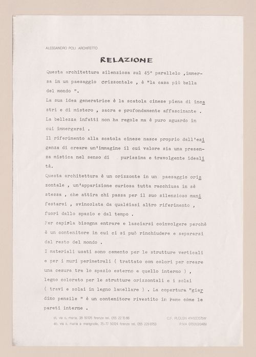 Letter for La casa più bella di architettura del mondo [The most beautiful house in the world]