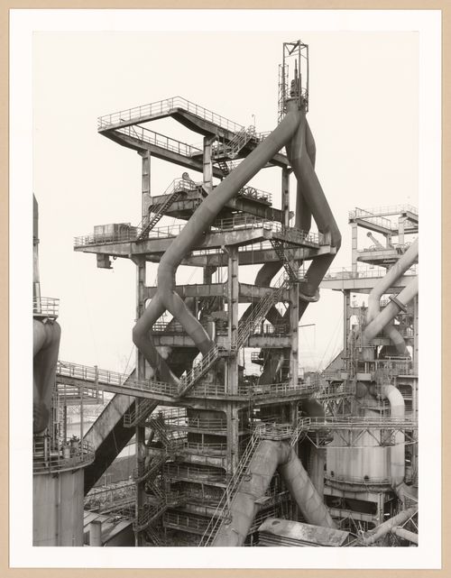 View of blast furnace head B of Metallhüttenwerk industrial plant, Lübeck-Herrenwyk, Germany