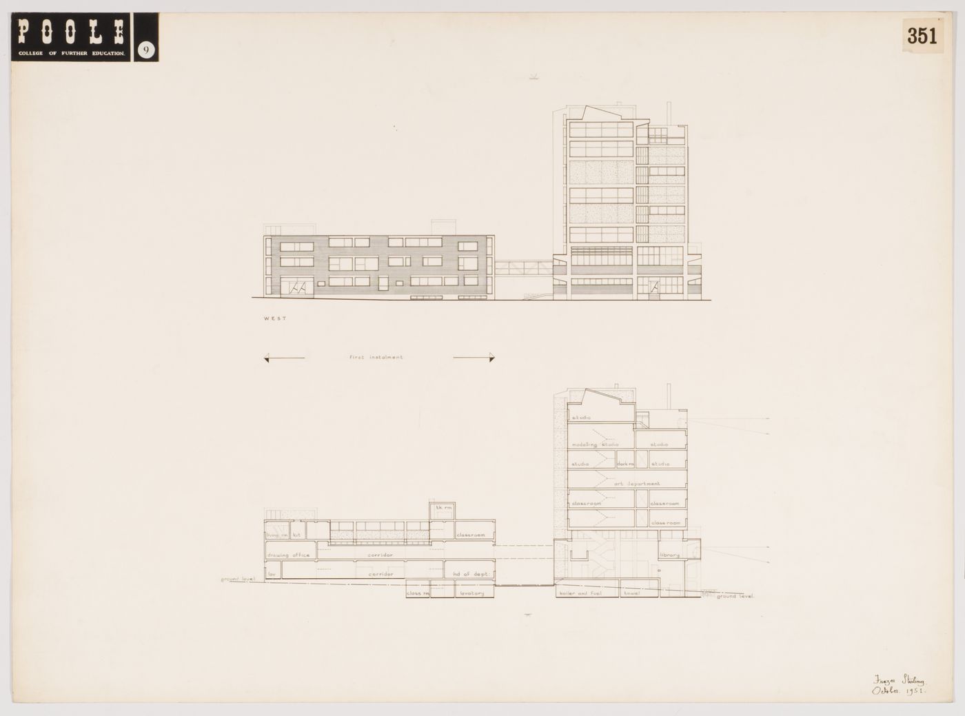 West elevation and section, competition entry for Poole College of Further Education, Poole, England