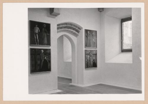 Interior view of a gallery showing paintings, a doorway and a window, Museo di Castelvecchio, Verona, Italy