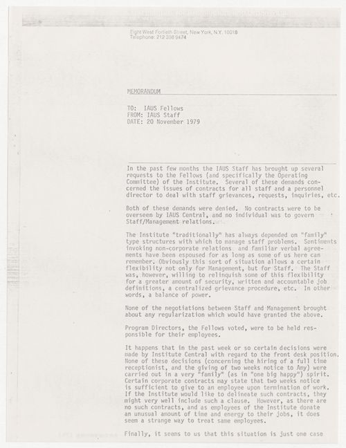 Memoramdum from IAUS staff to the Fellows about relations between staff and management