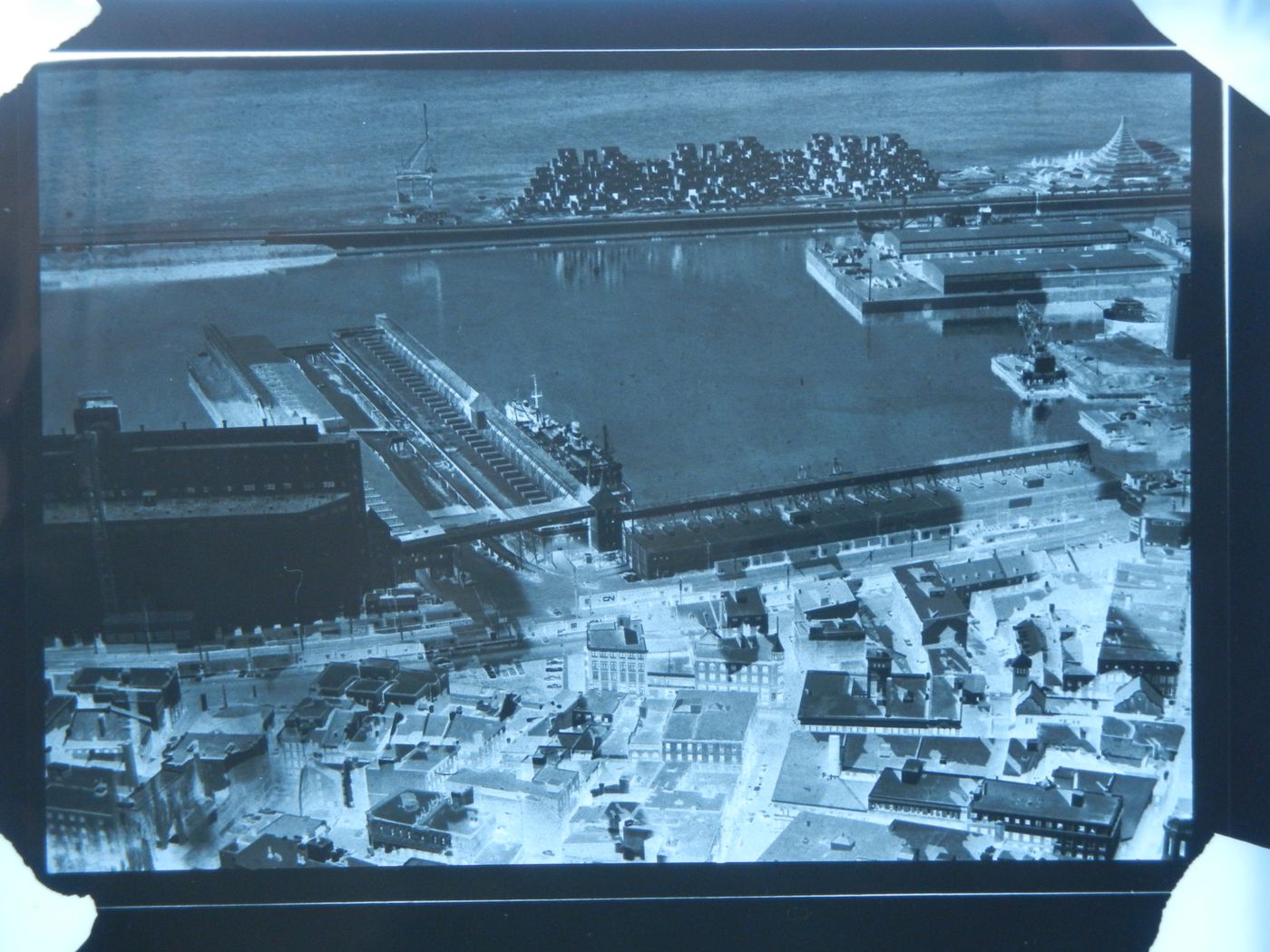 Aerial view of the port and Habitat 67, Expo 67, Montréal, Québec