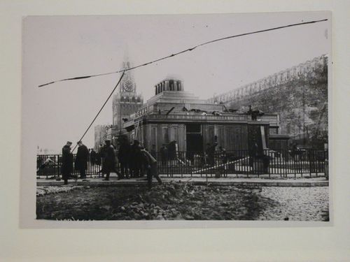 View of the second wooden Lenin Mausoleum during the latter stages of construction with the Spasskaia Tower in the background, Red Square, Moscow
