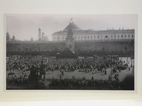View of Red Square from an elevated viewpoint with the monument to Minin and Pozharsky in the foreground and the second wooden Lenin Mausoleum in the background, Moscow