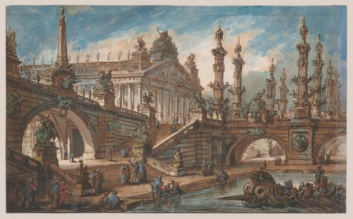 Fantaisie d'architecture avec quai, ponts et temple