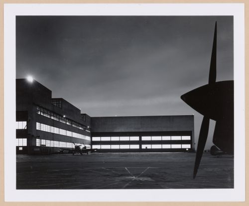 View of the east façade of the Assembly Building of the Buffalo Airport Assembly Plant at night, Curtiss-Wright Corporation Airplane division, Buffalo, New York