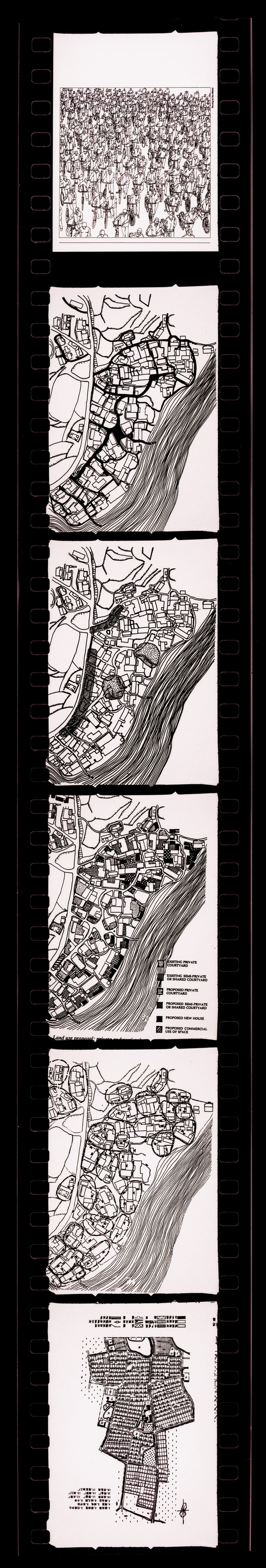 Negative strip of illustrations for the publication "Housing a Billion: Village Upgrading: Jianlu, China" publication
