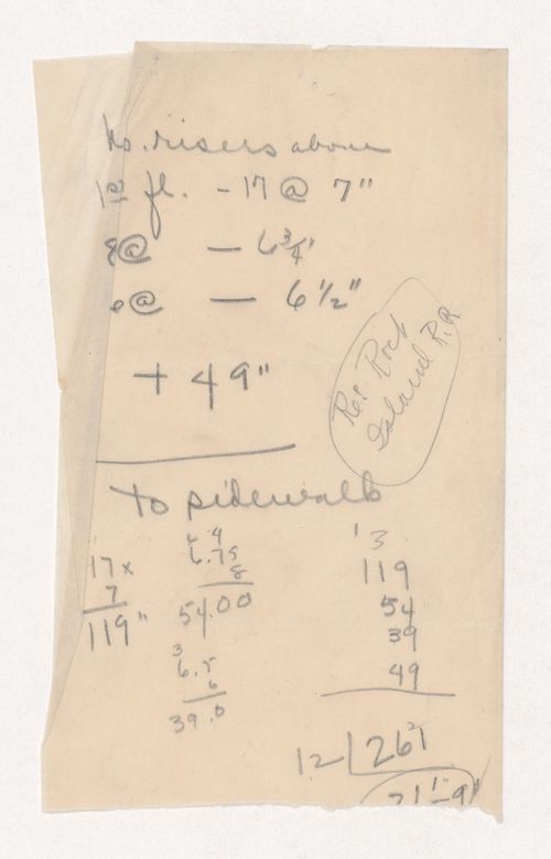 Notes and calculations for stair risers, possibly for Illinois Institute of Technology