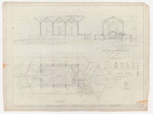 Wayfarers' Chapel, Palos Verdes, California: Plan, southeast elevation and section with sash and door schedule and plan for redwood bent truss developed on an equilateral parallelogram grid