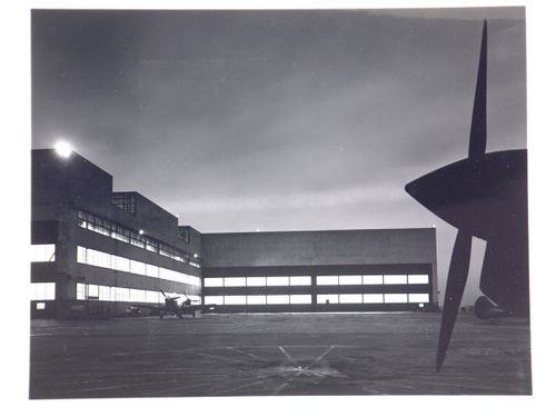 View of the east façade of the Assembly Building of the Buffalo Airport Assembly Plant at night, Curtiss-Wright Corporation Airplane division, Buffalo, New York