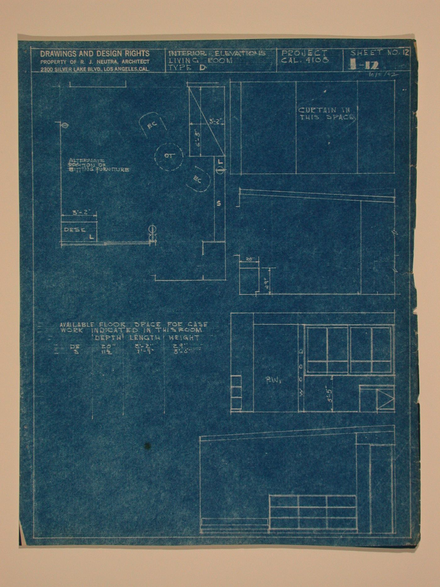 Interior elevations and plan for living room type "D"